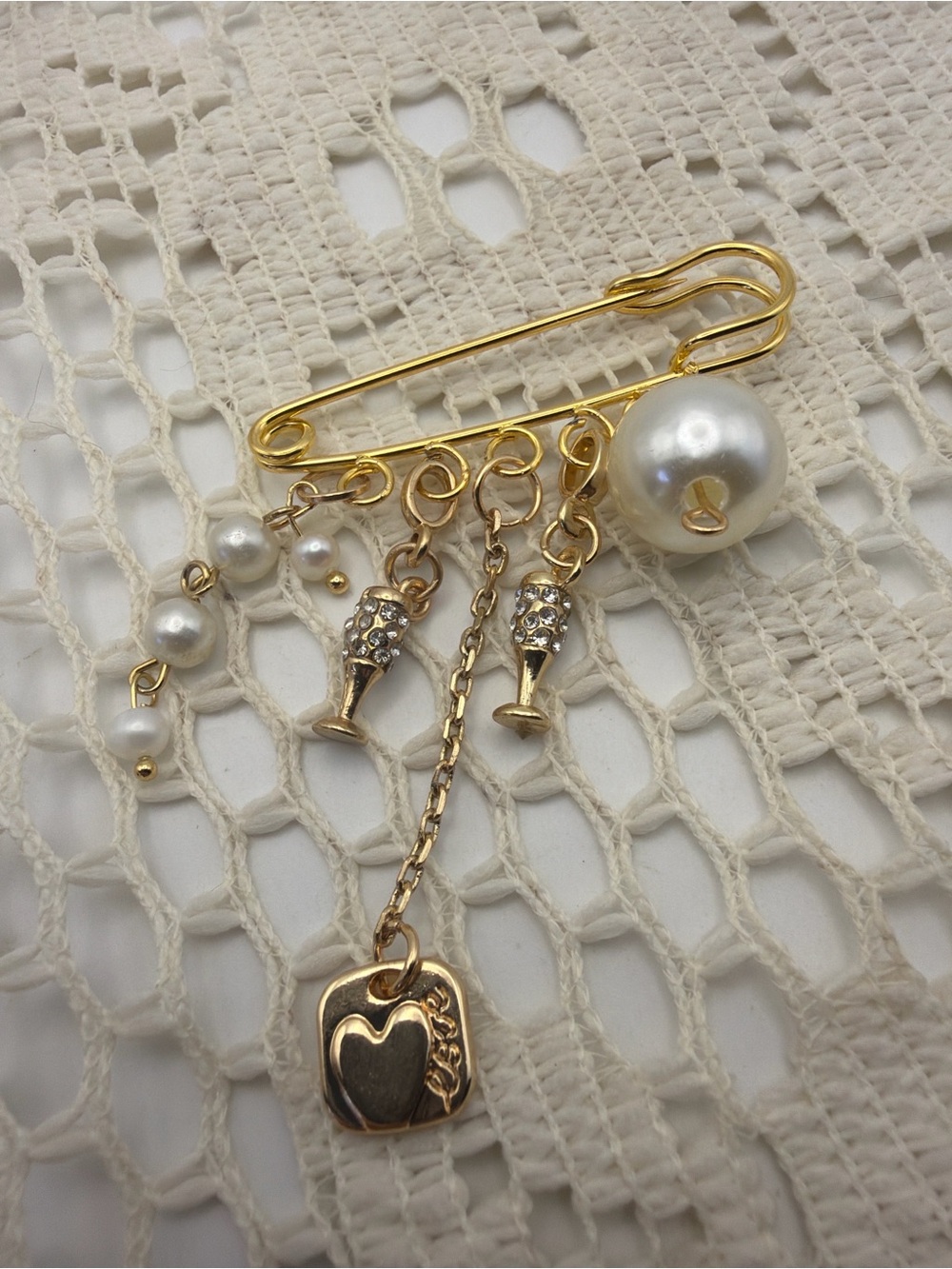 Faux Pearl Love Charm Gold Tone Safety Pin Brooch Champagne Accents